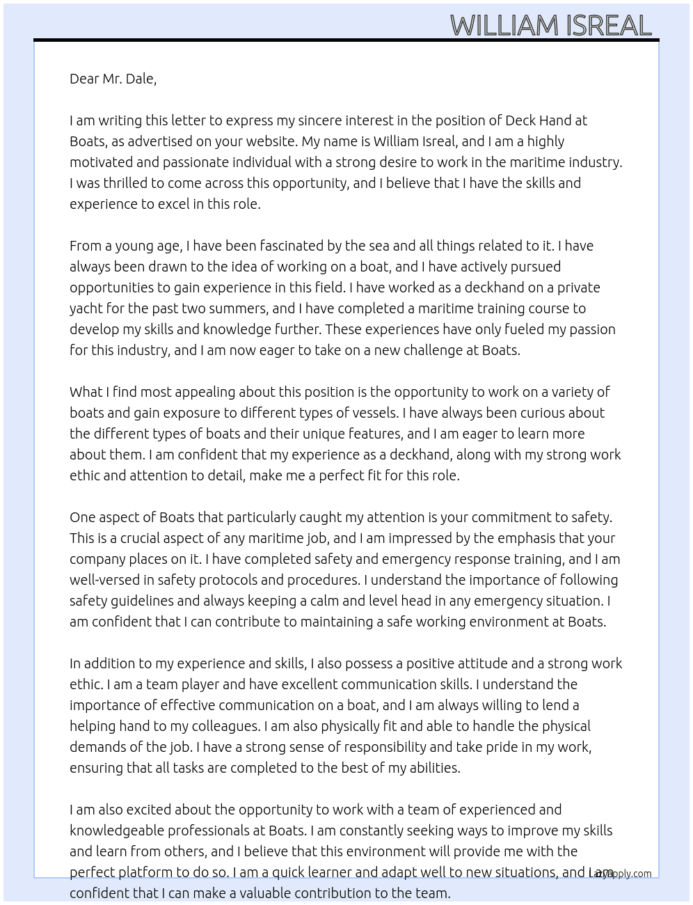 Deck Hand At boats Cover Letter