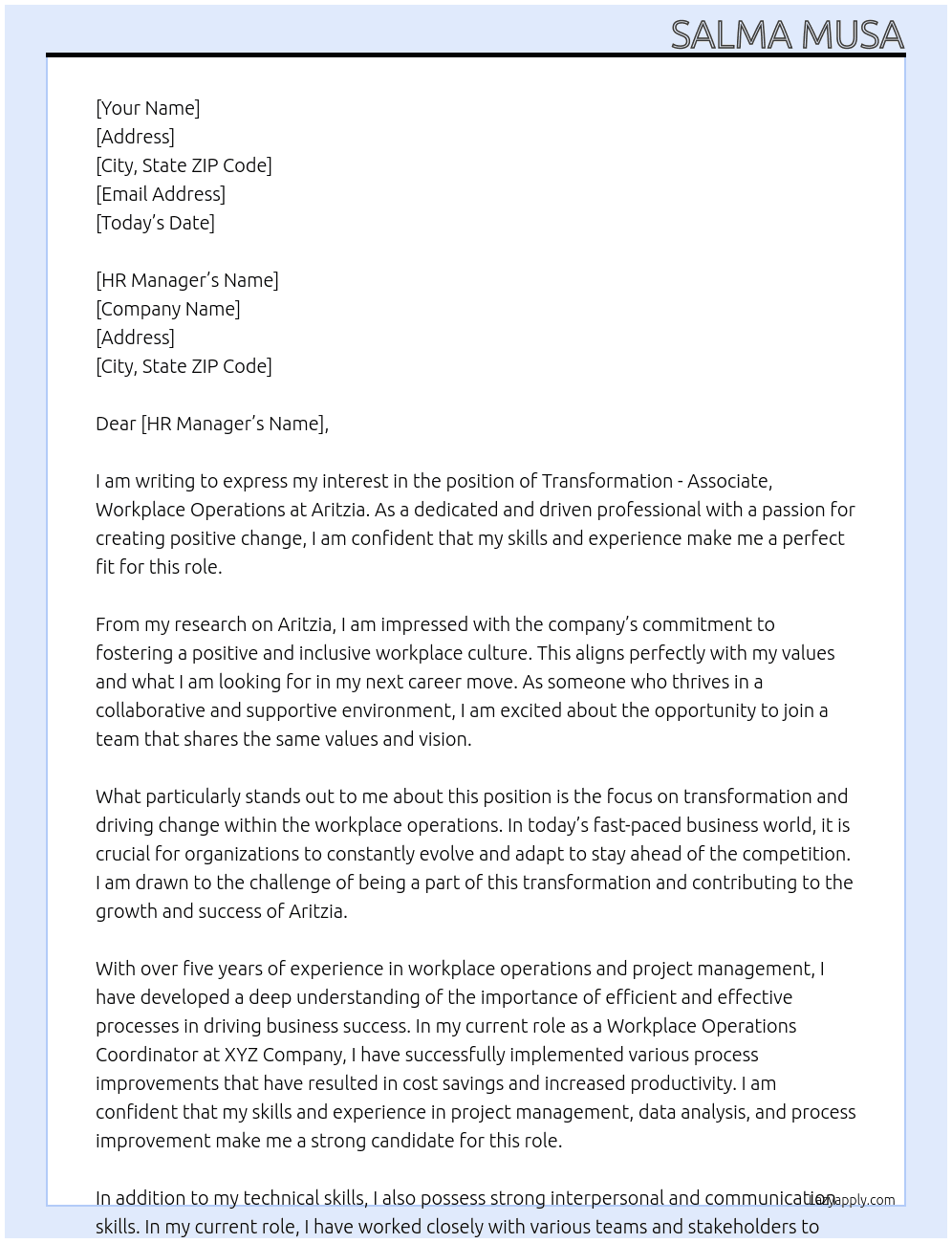 Transformation - Associate, Workplace Operations At Aritzia Cover Letter