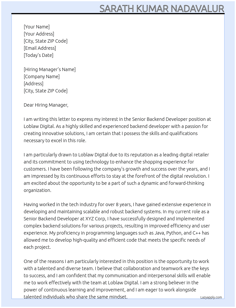 Senior Backend Developer At Loblaw Digital Cover Letter