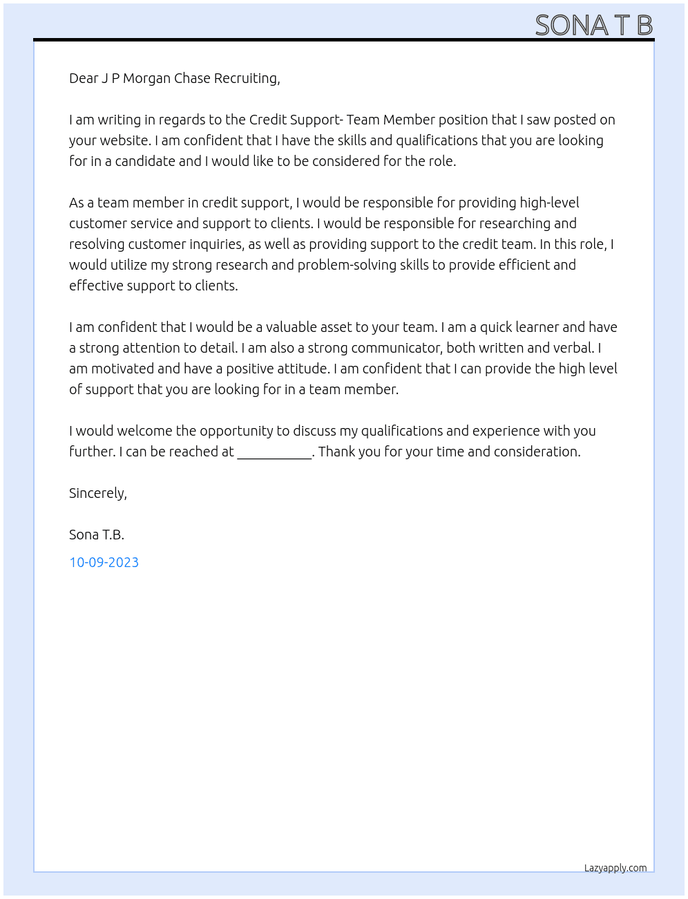 Credit Support- Team Member At J P Morgan Chase& Co Cover Letter