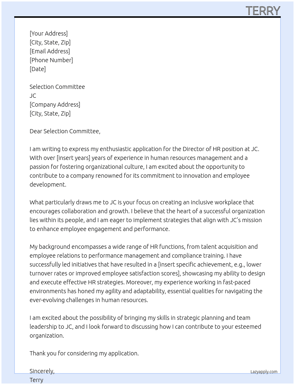 Director HR At JC Cover Letter