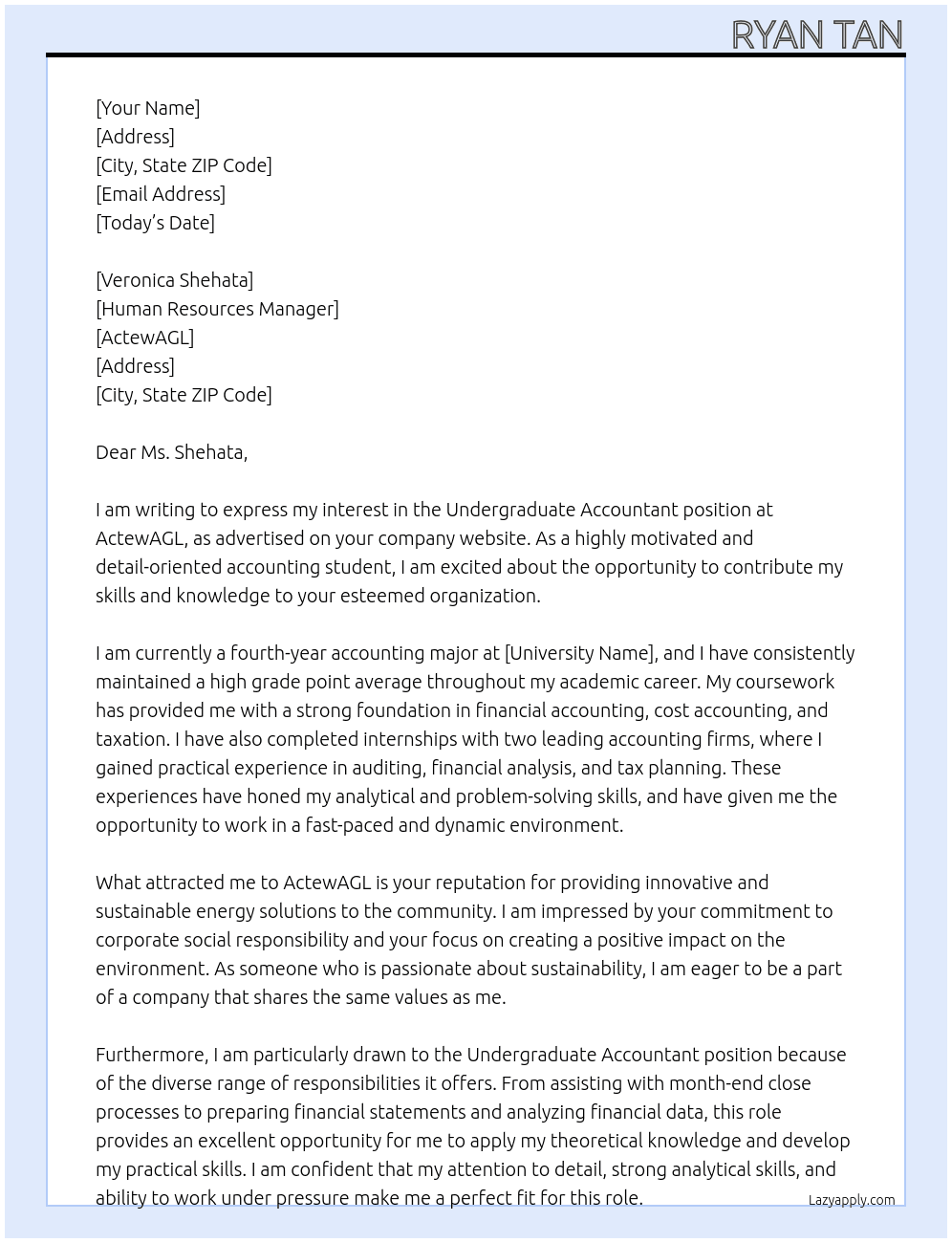 Undergraduate Accountant At ActewAGL Cover Letter