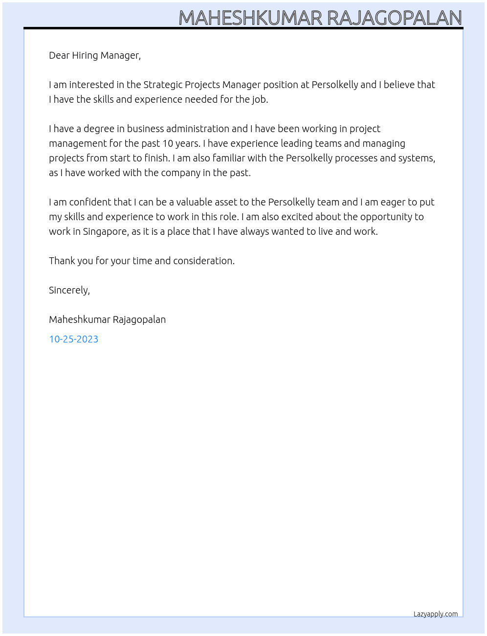 Strategic Projects Manager  At Persolkelly Cover Letter