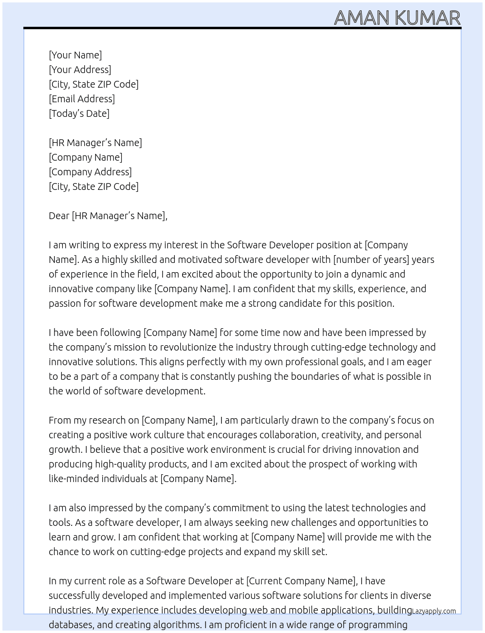 Software Developer At Startup Cover Letter