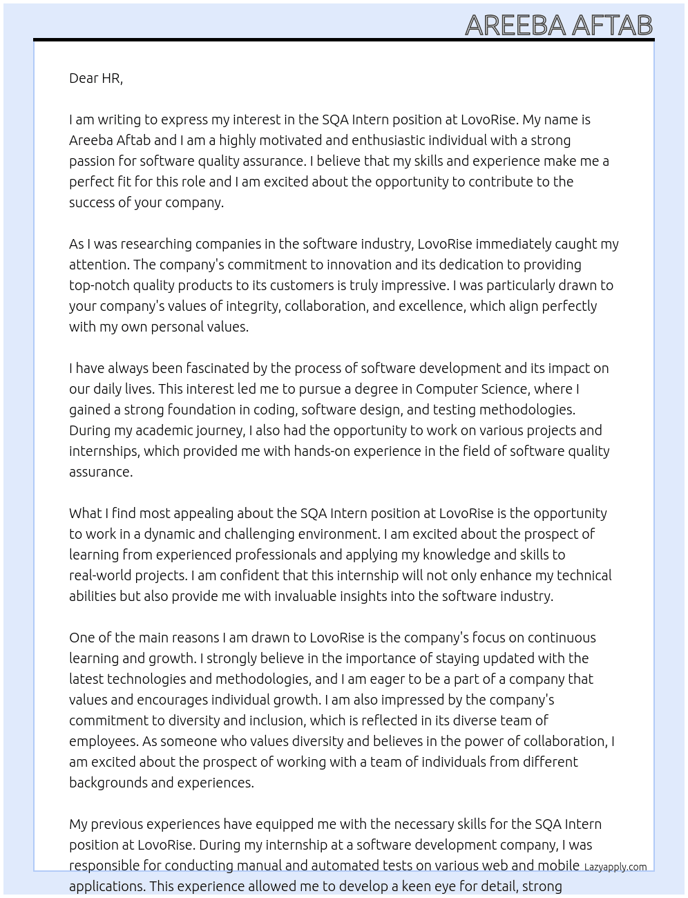 SQA intern At LovoRise Cover Letter