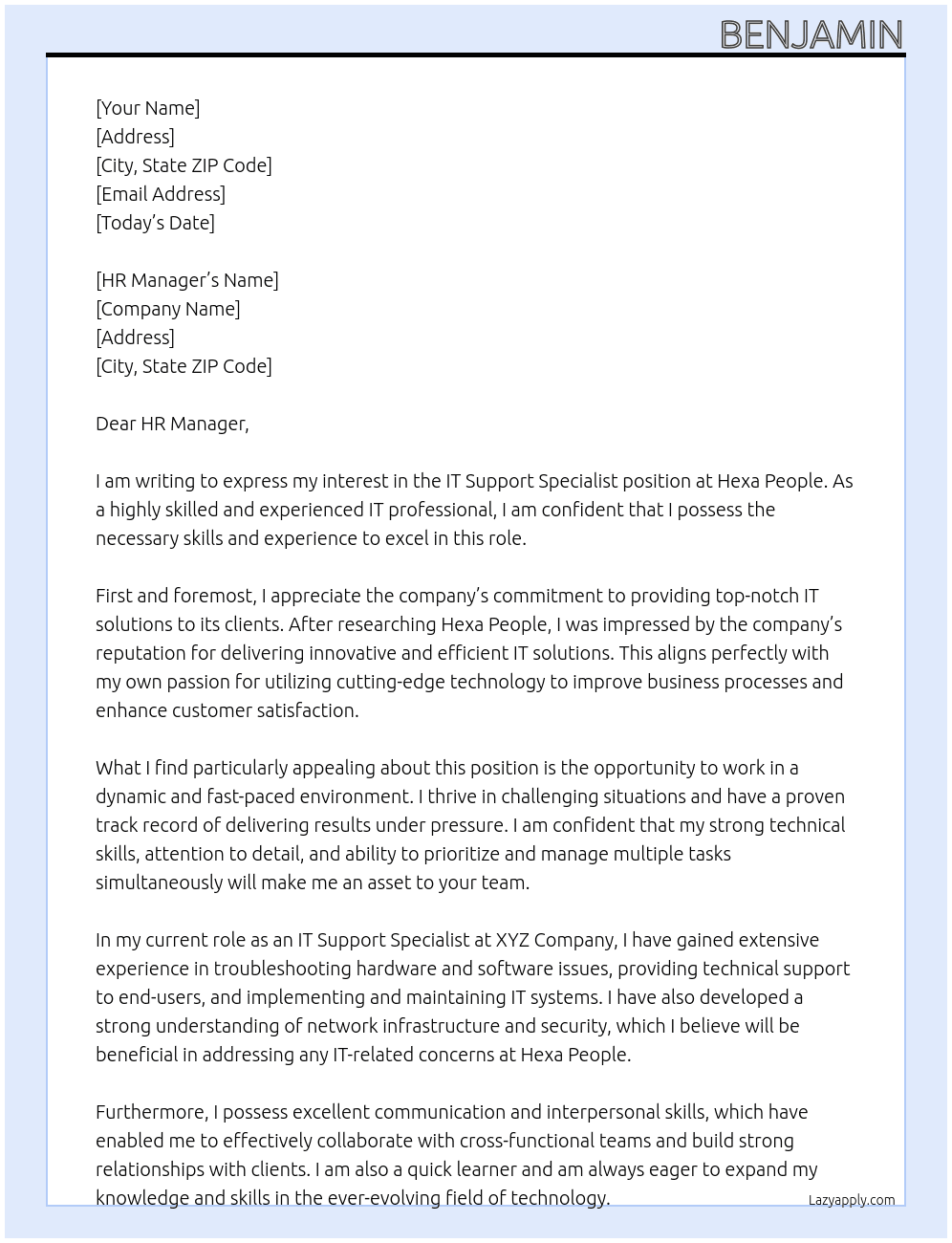 IT Support Specialist  At Hexa People Cover Letter