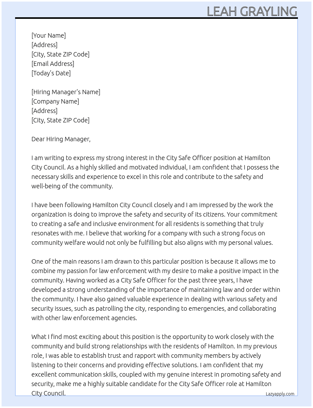 City Safe Officer At Hamilton City Council Cover Letter
