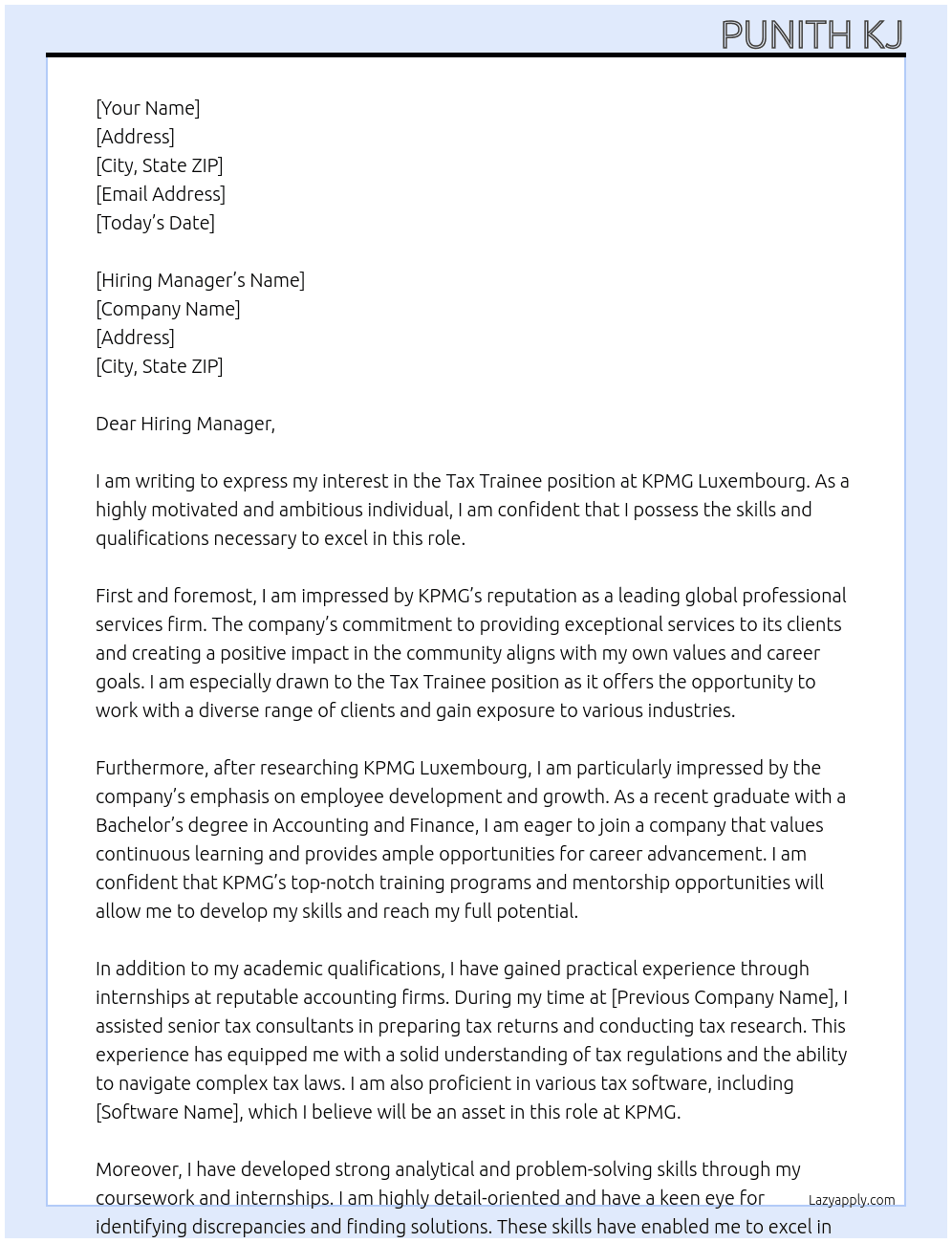 Tax Trainee At  KPMG Luxembourg Cover Letter
