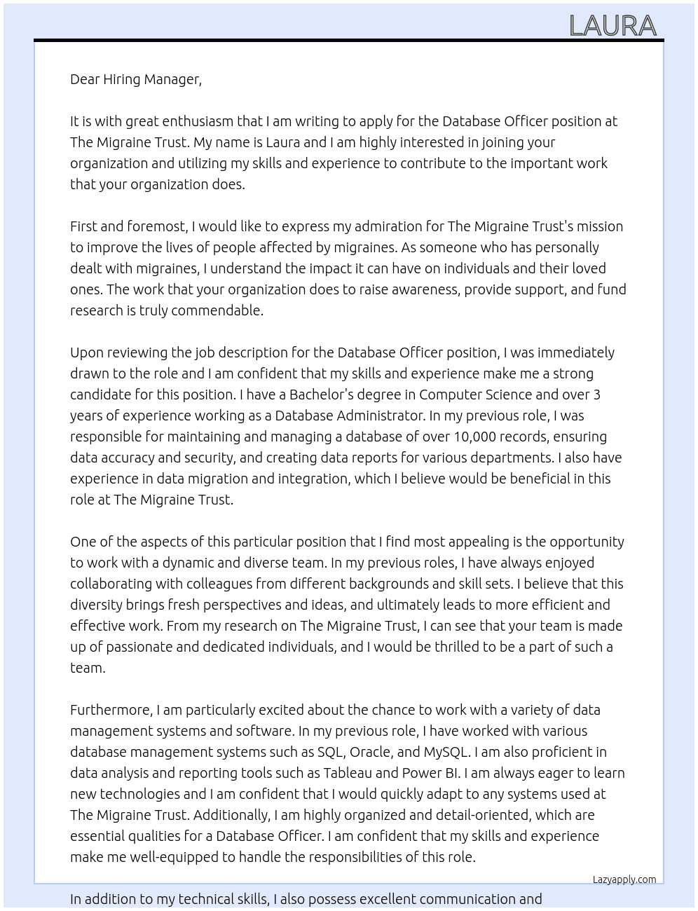 Cover letter for database officer - LazyApply