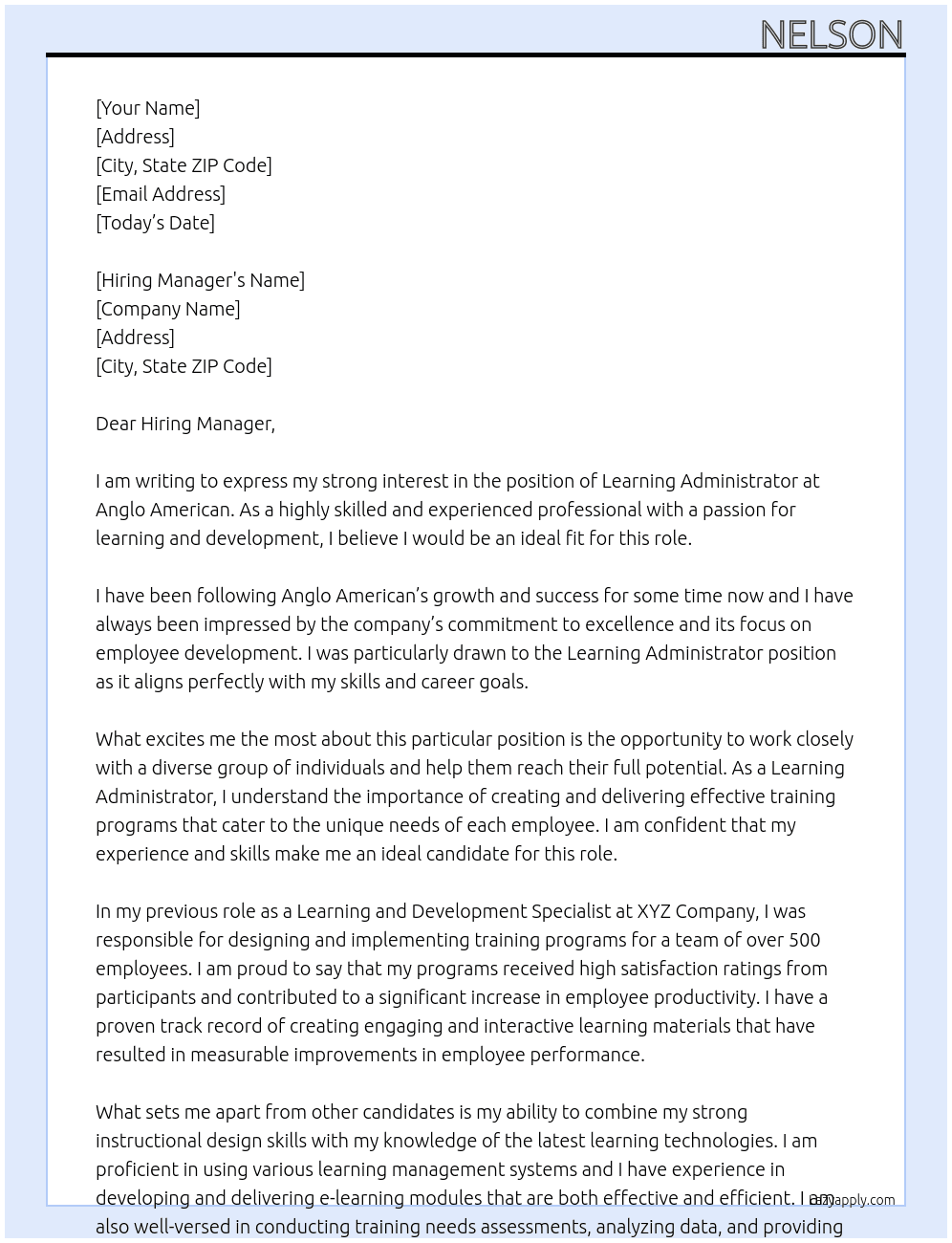 Learning Administrator At Anglo American Cover Letter