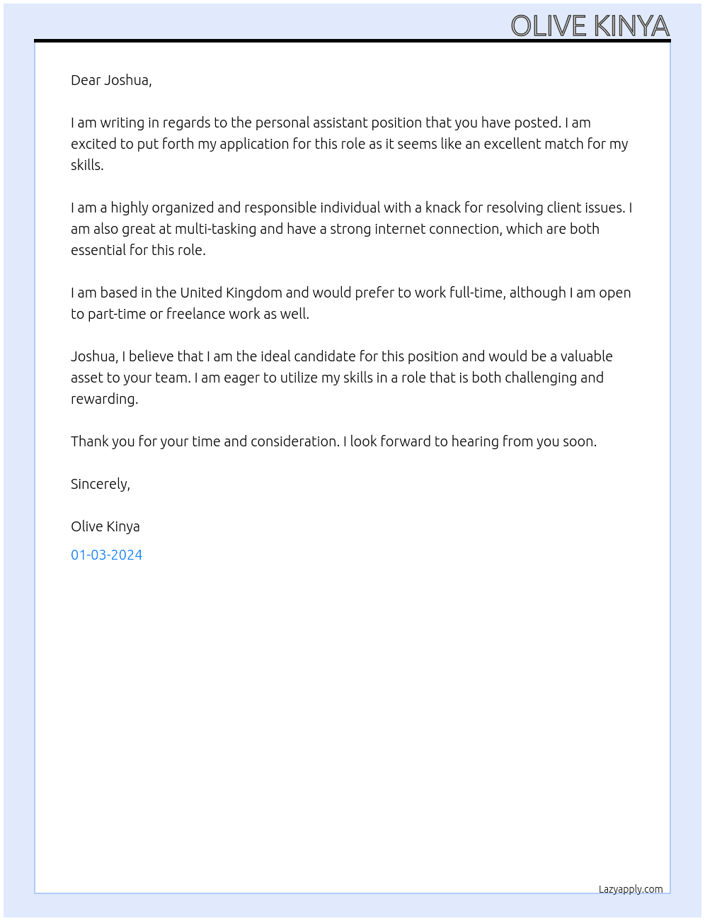 Personal assistant At private business Cover Letter