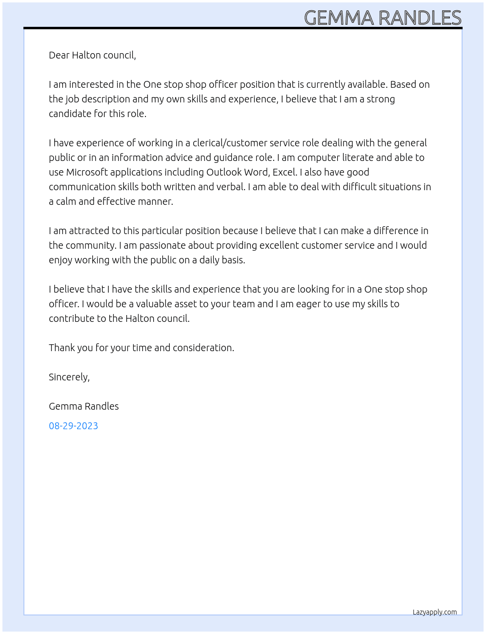 One stop shop officer At Halton council  Cover Letter