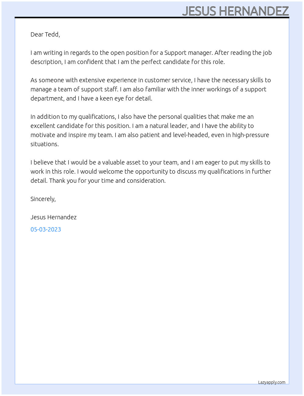Support manager At Tedd  Cover Letter