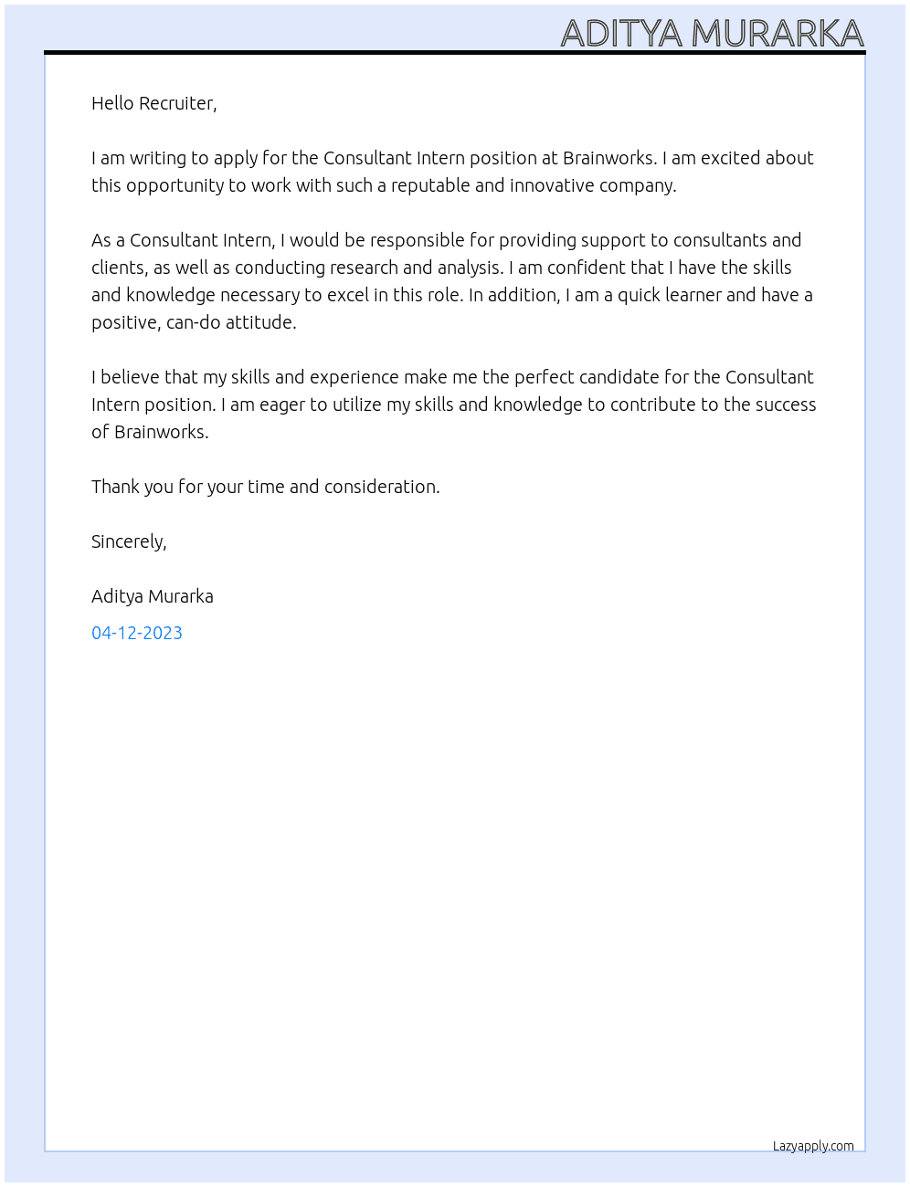 Consultant Intern At Brainworks Cover Letter