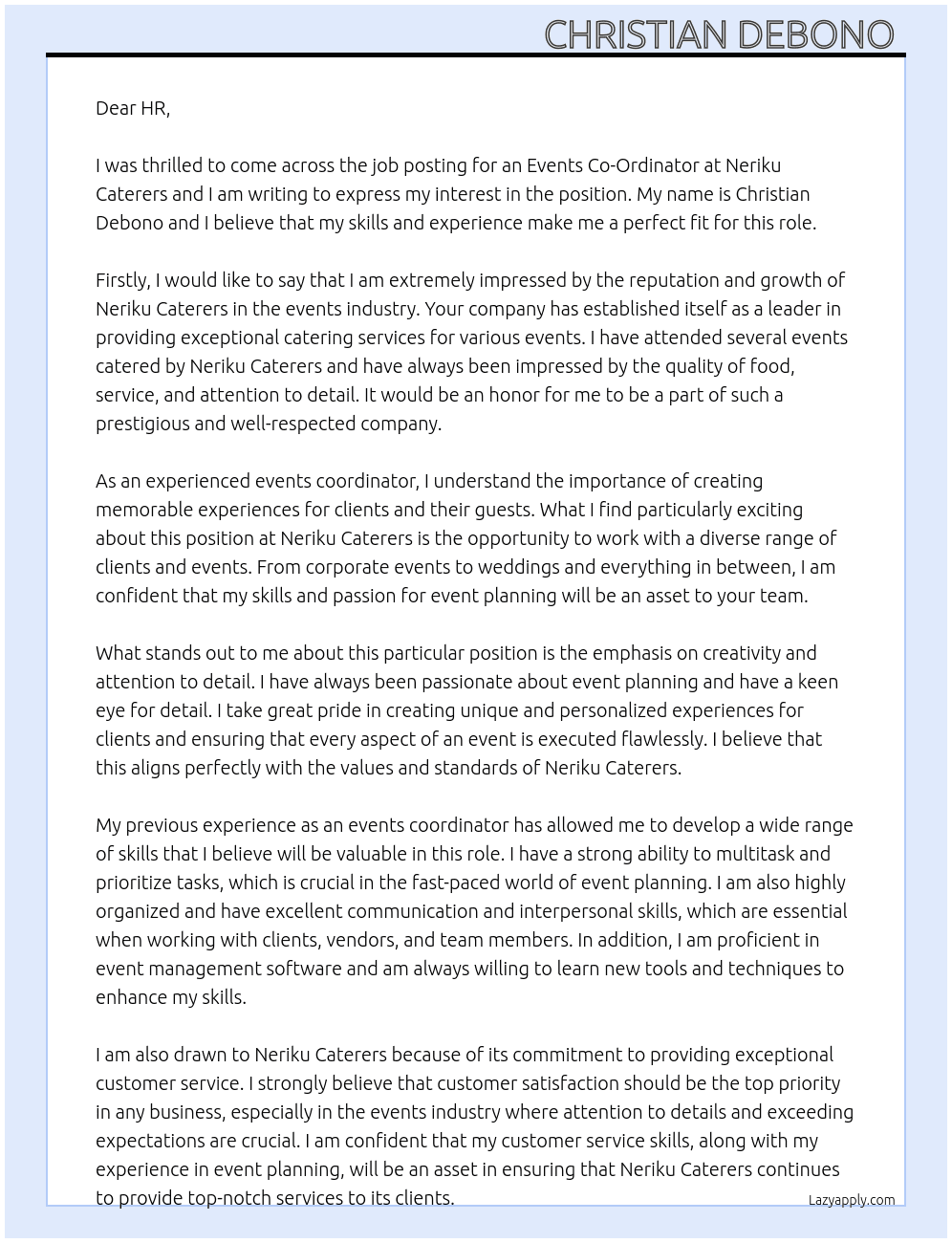 Events Co-Ordinator  At Neriku Caterers  Cover Letter
