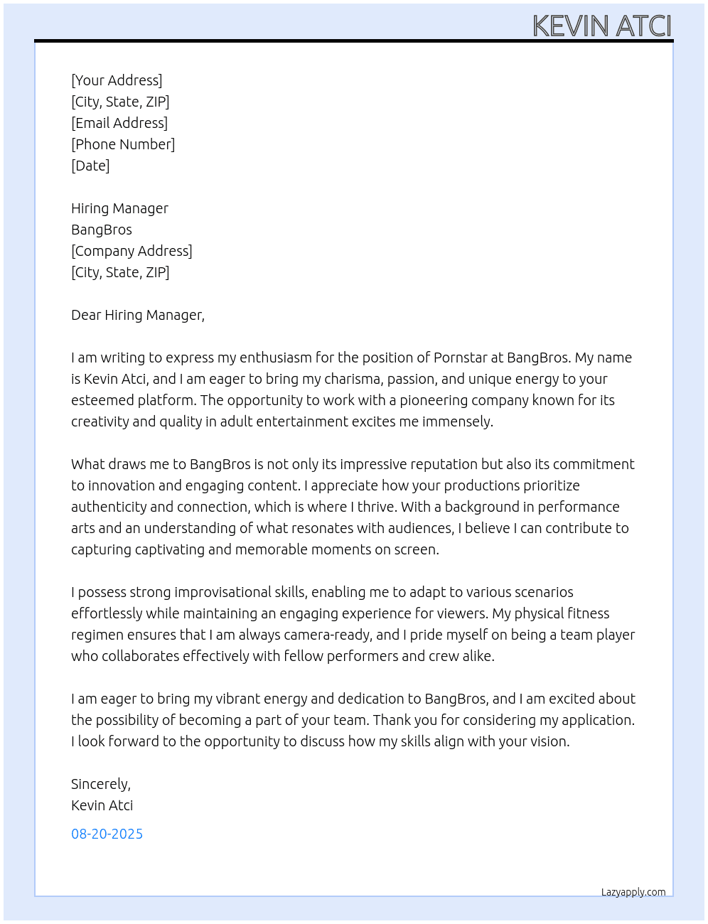 Pornstar  At bangbros Cover Letter