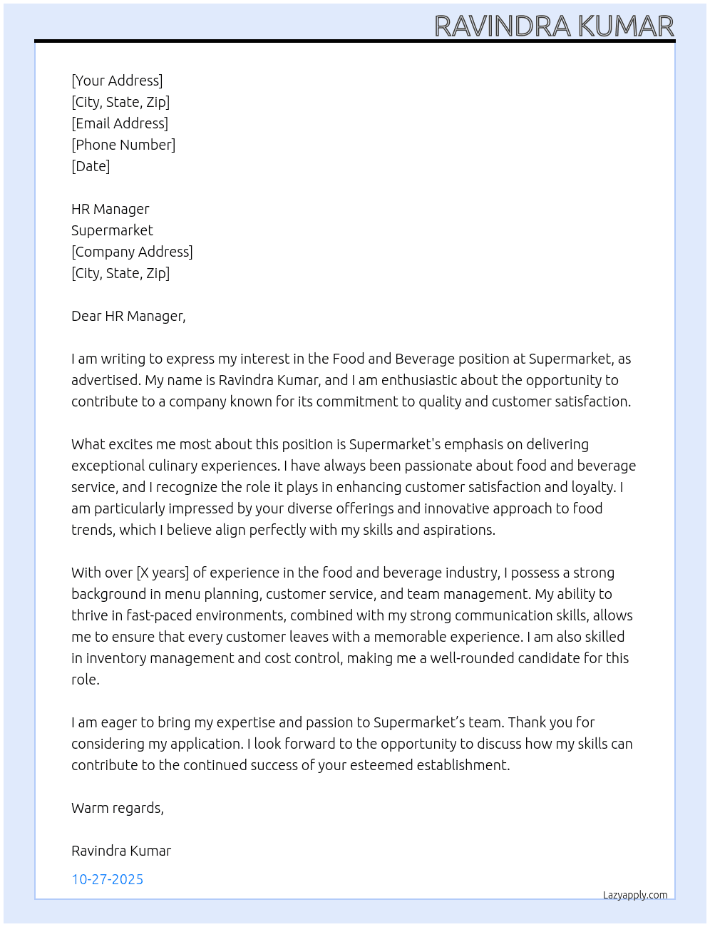 Food and beverage  At Supermarket  Cover Letter