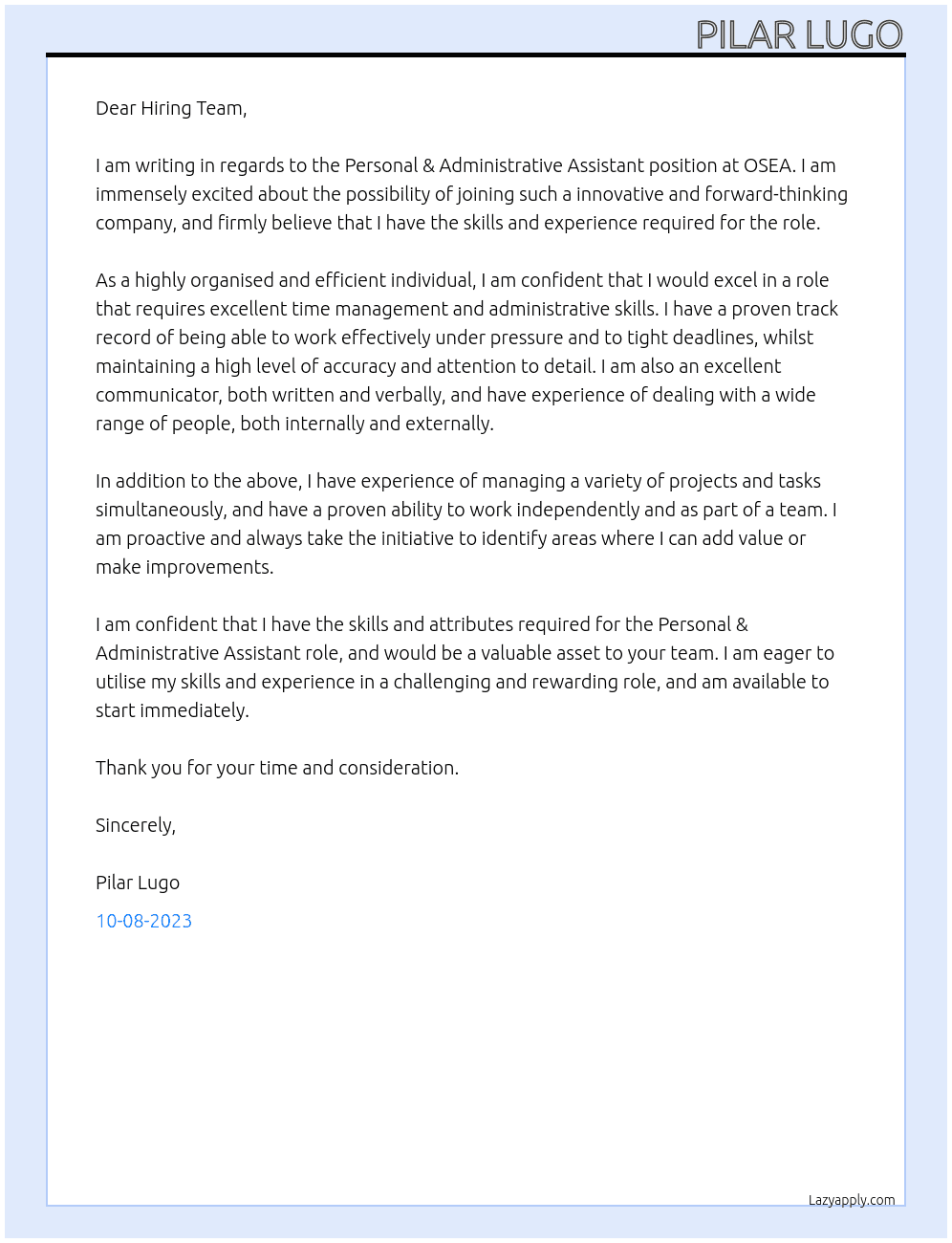 Personal & Administrative Assistant At OSEA Cover Letter