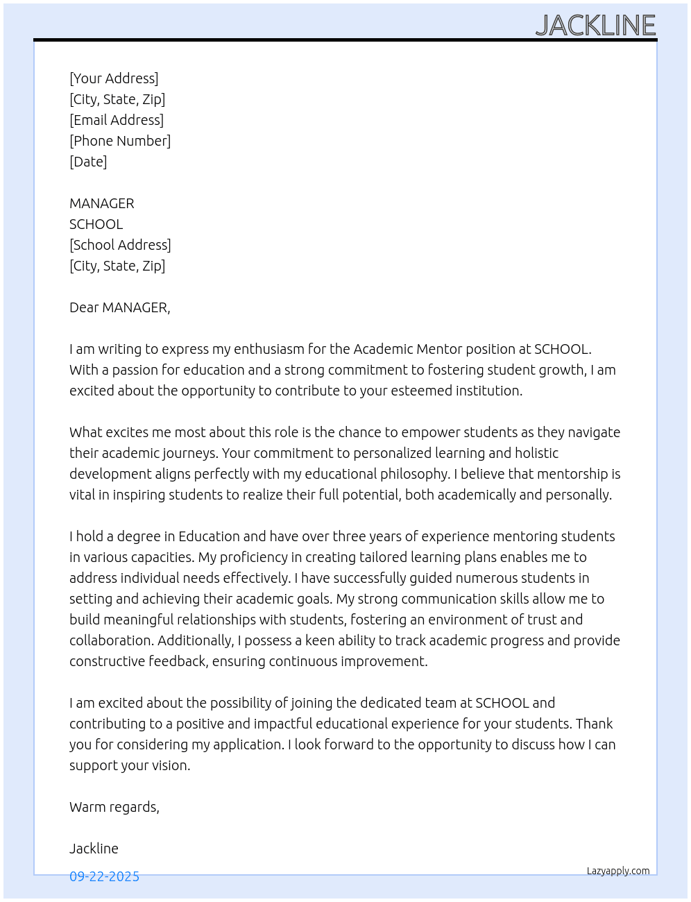 Cover letter for academic mento - LazyApply