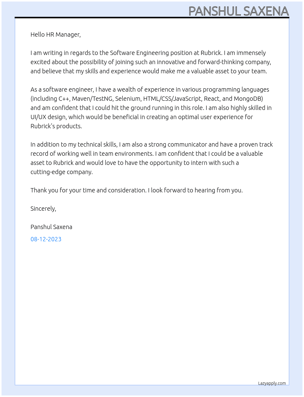 Software Engineering At Rubrick Cover Letter