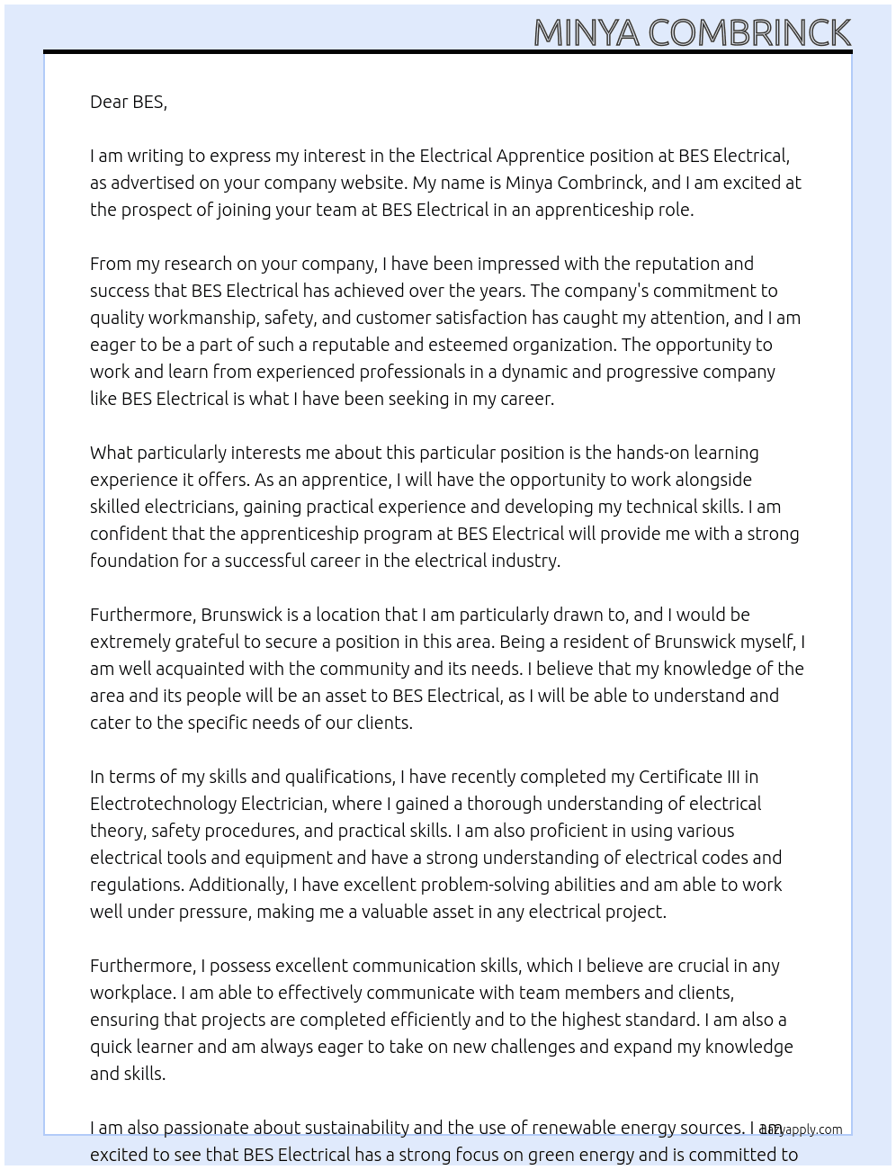 Electrical Apprentice At BES Electrical Cover Letter