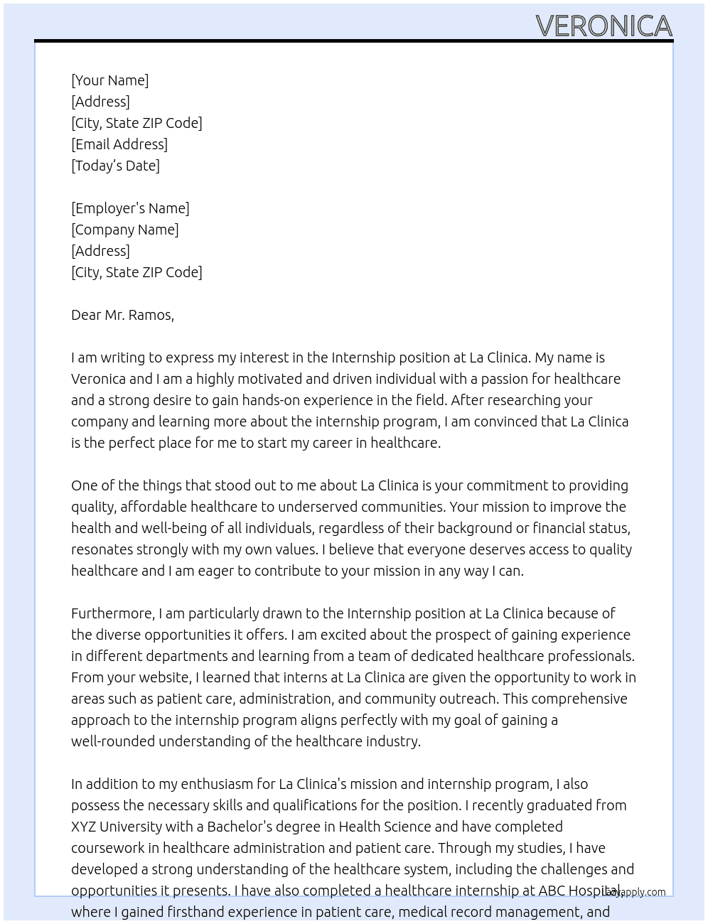 Internship At La clinica Cover Letter