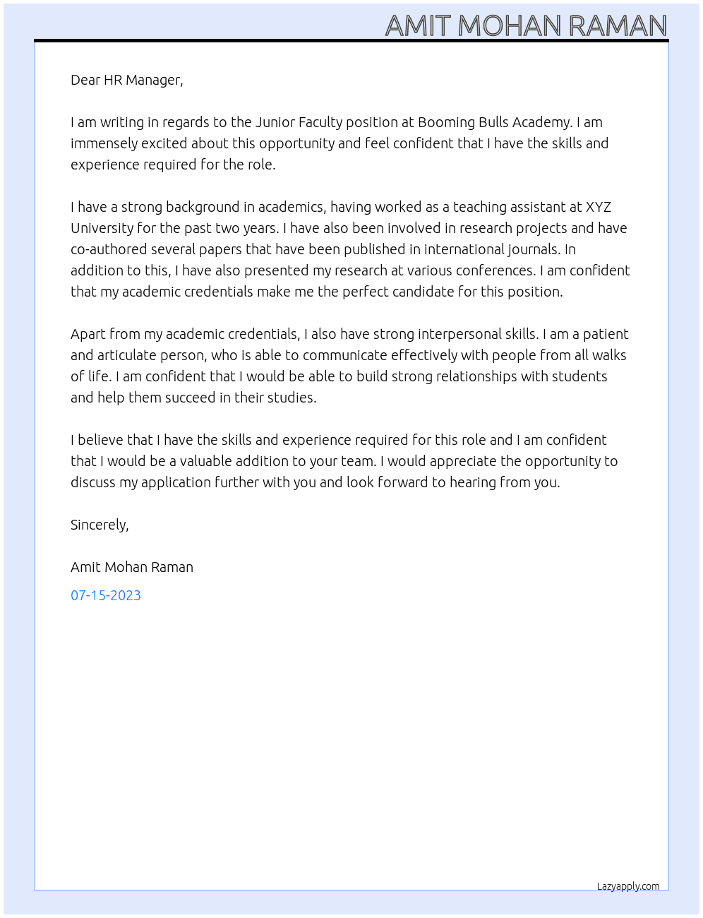 Junior Faculty At Booming Bulls Academy Cover Letter
