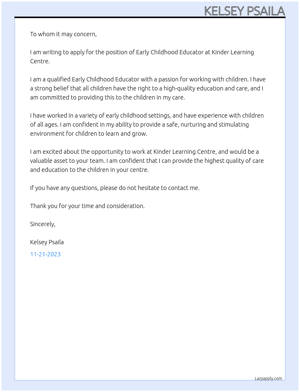 Early Childhood Educator At Kinder Learning Centre Cover Letter