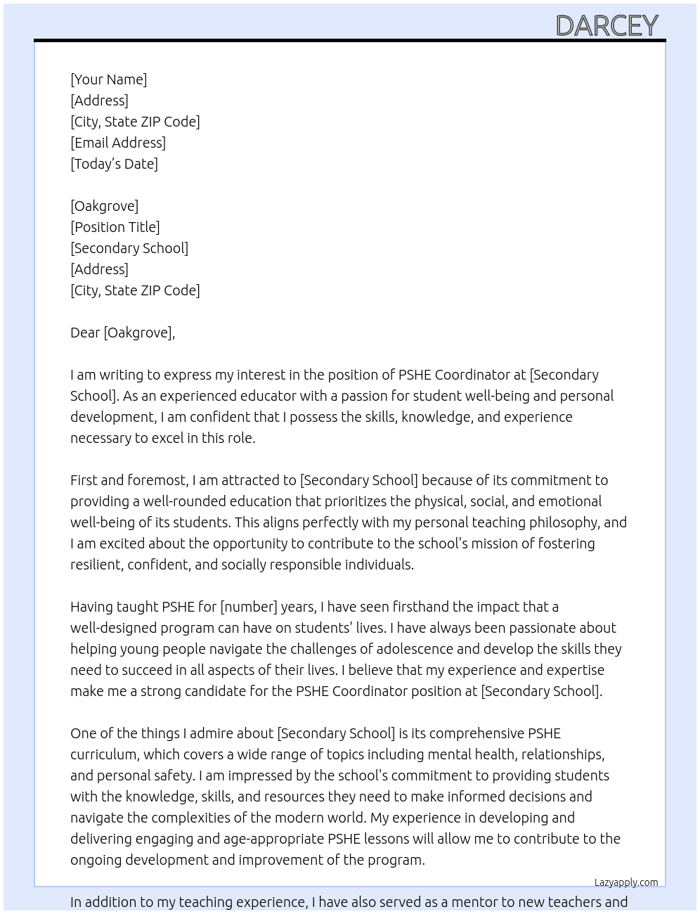 PSHE Coordinator  At Secondary School  Cover Letter