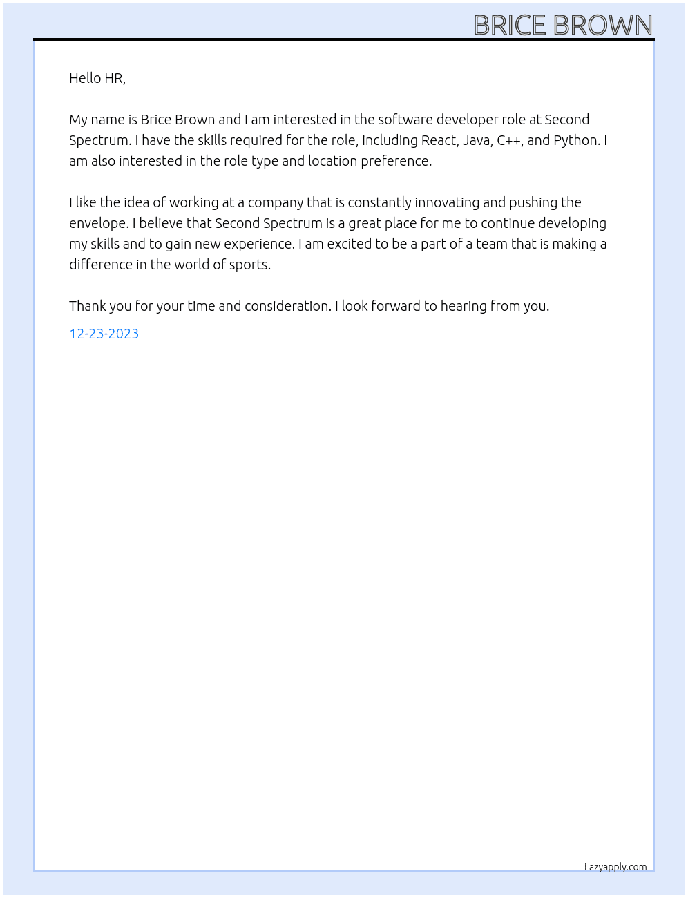 Software Developer At Second Spectrum Cover Letter