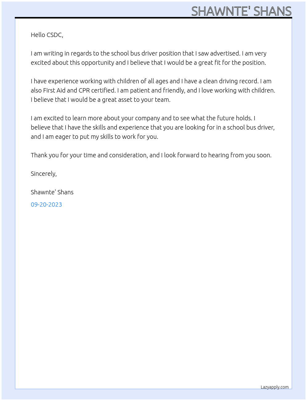 School bus driver At CSDC Cover Letter