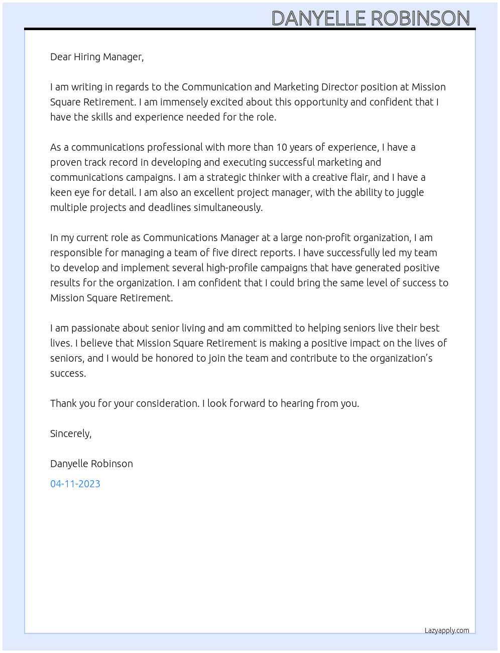 Communication and Marketing Director  At Mission Square Retirement Cover Letter