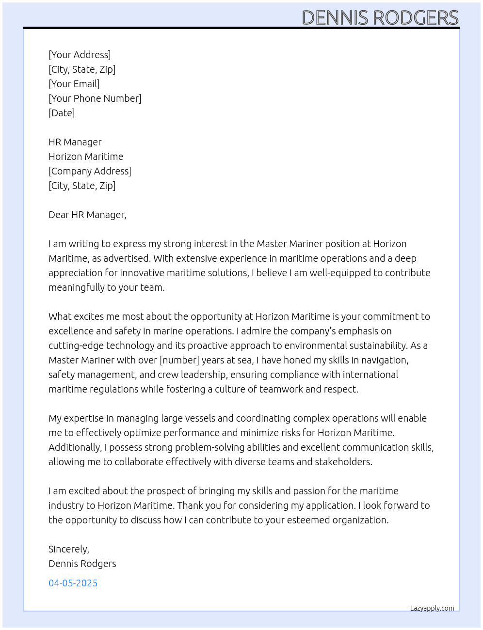 Master Mariner At Horizon Maritime Cover Letter