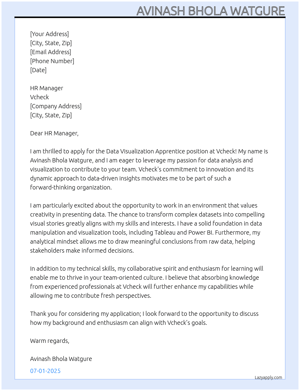 Data Visualization Apprentice At Vcheck Cover Letter