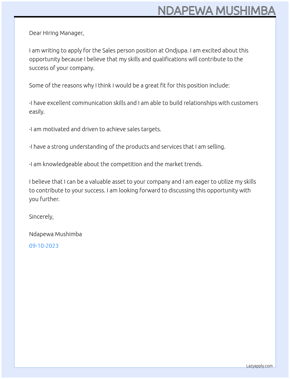 Sales person At Ondjupa Cover Letter