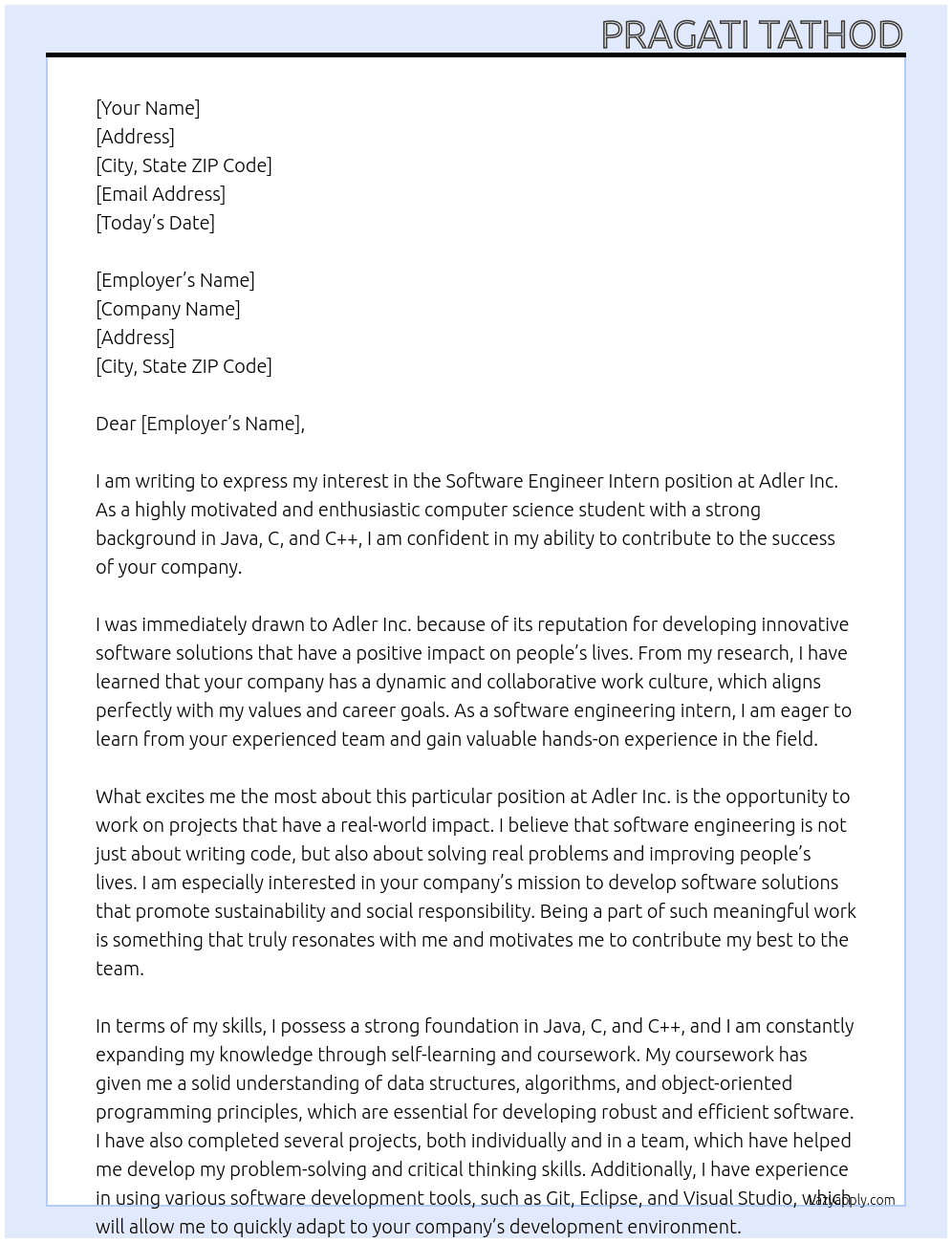 Software Engineer Intern At Adler Inc. Cover Letter