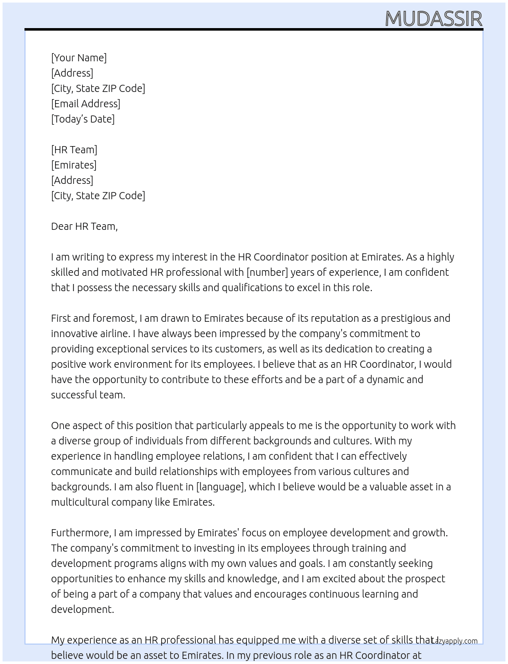 HR Coordinator At Emirates Cover Letter