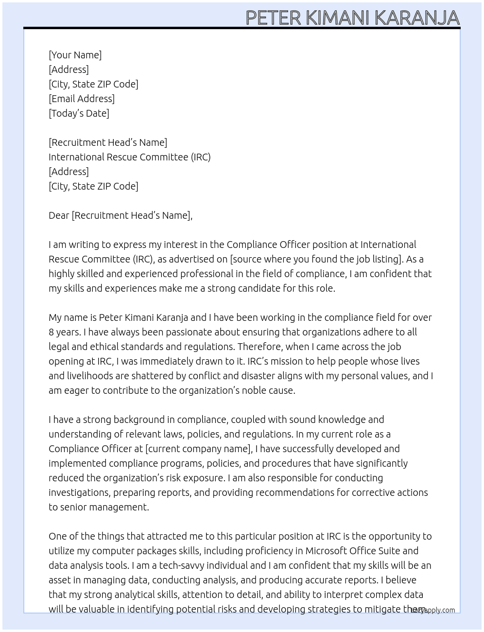 Compliance Officee At International Rescue Committee (IRC) Cover Letter