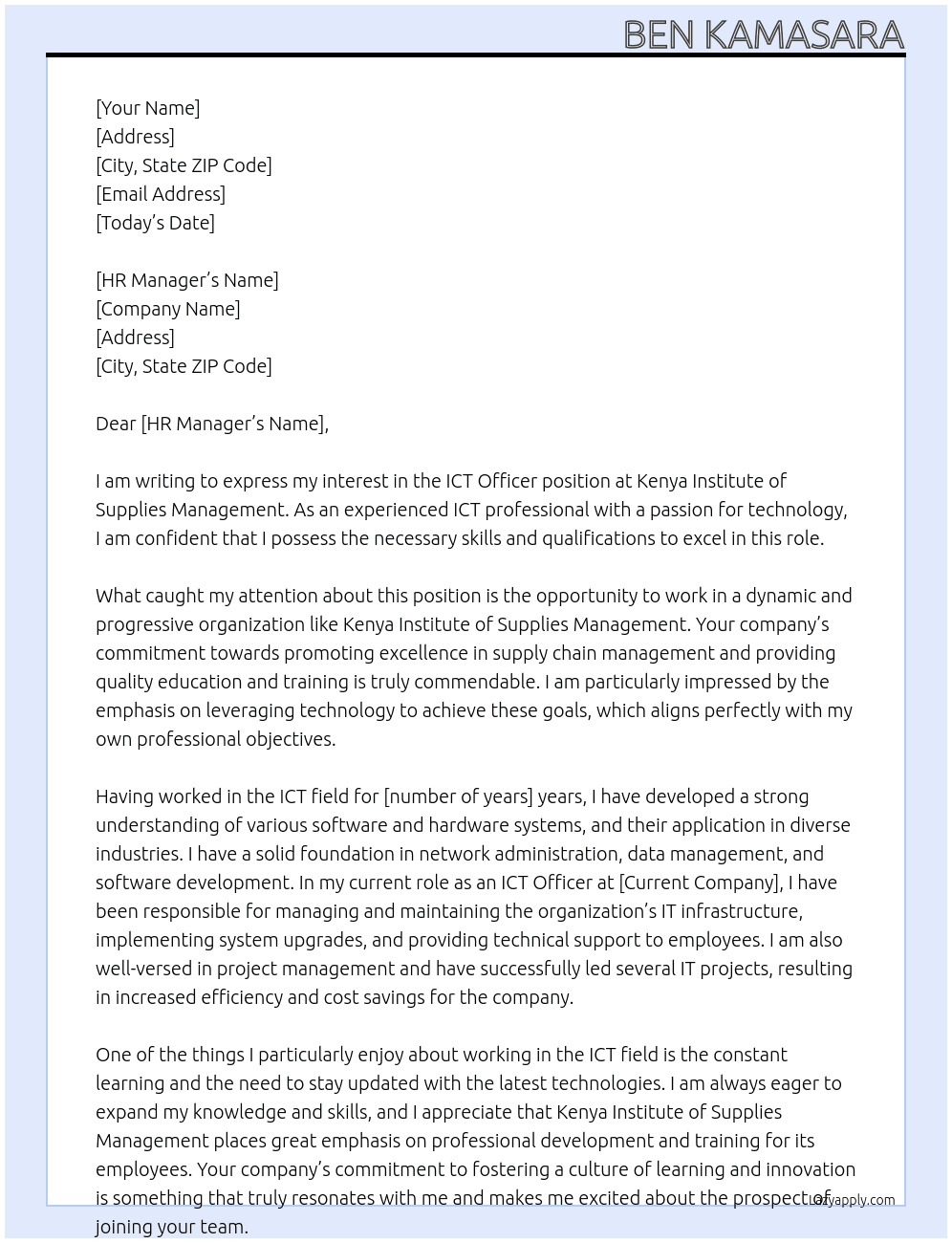 ICT Officer At Kenya Institute of Supplies Management Cover Letter