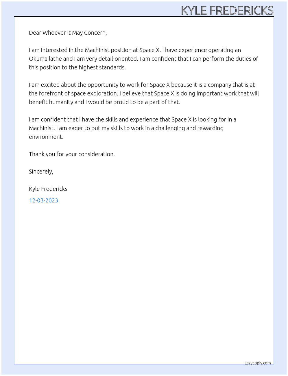 Machinist At Space X Cover Letter