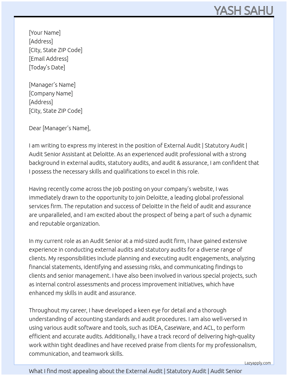 External Audit | Statutory Audit | Audit Senior Assistant At Deloitte Cover Letter