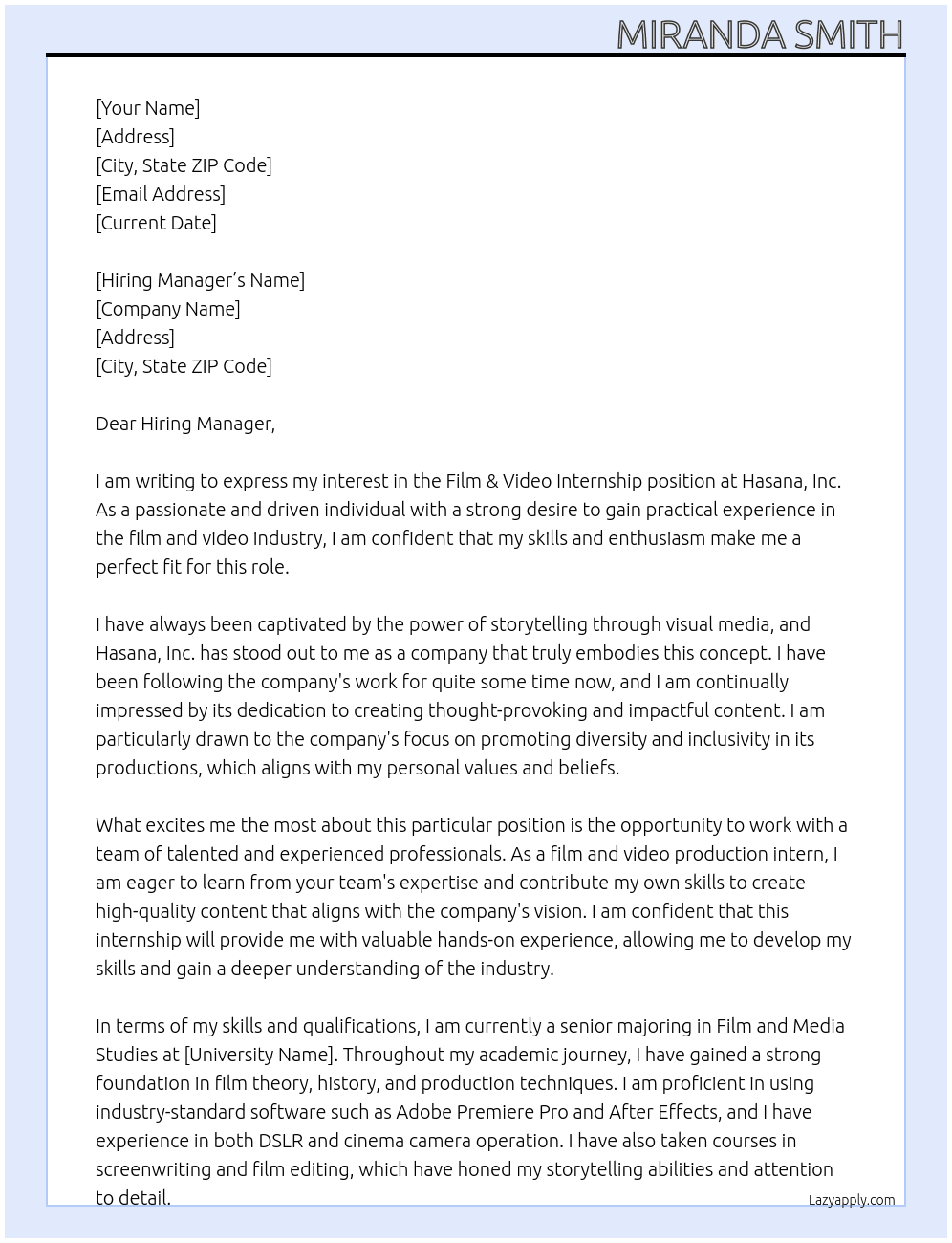 Cover letter for film & video internship - LazyApply