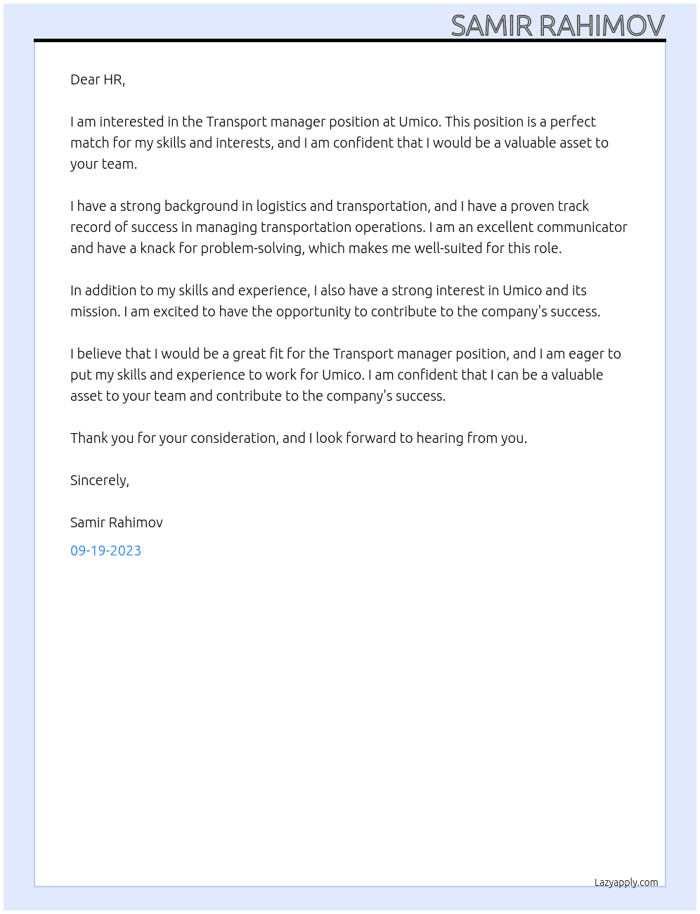 Transport manager At Umico Cover Letter