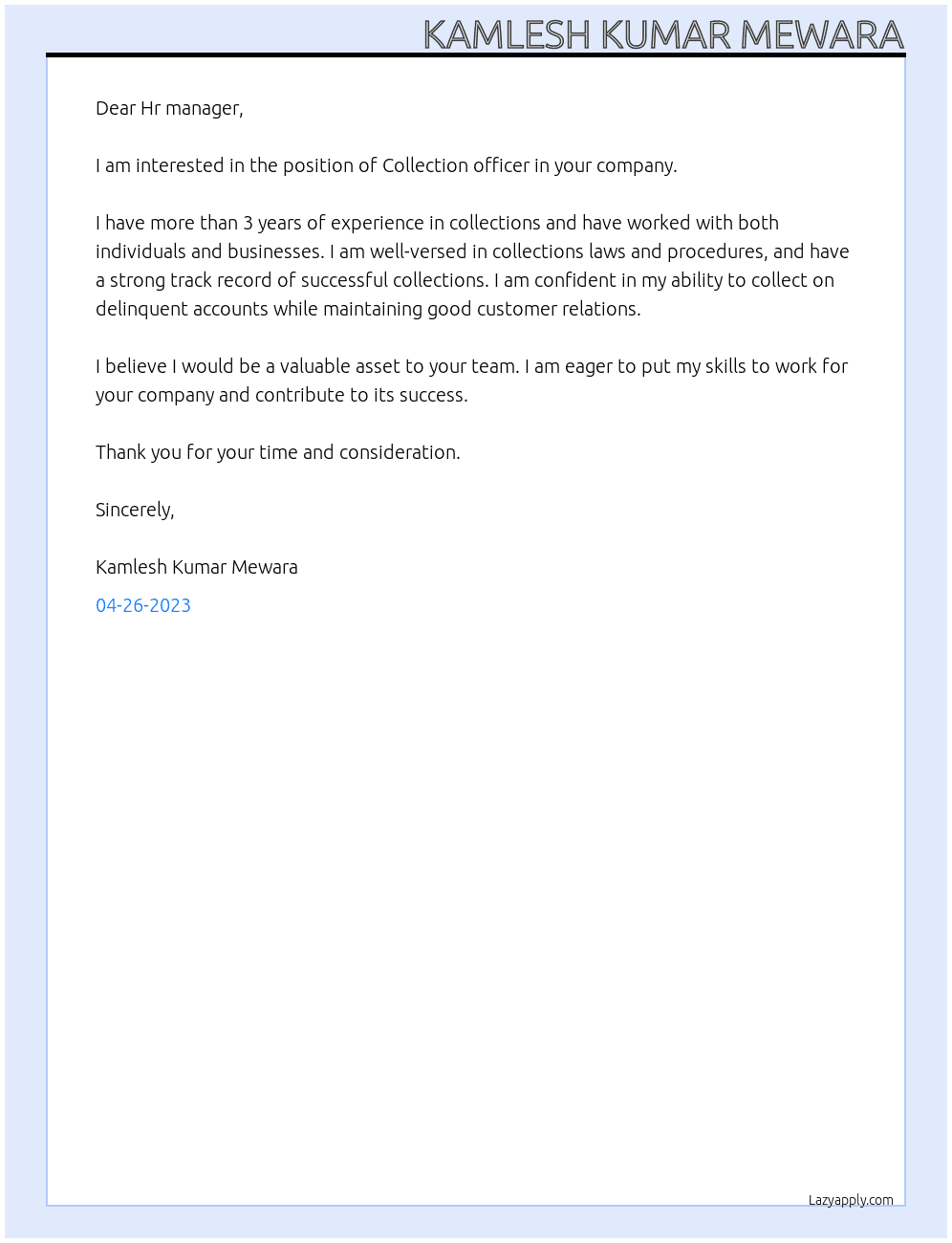 Collection officer  At Verdure skill India  Cover Letter