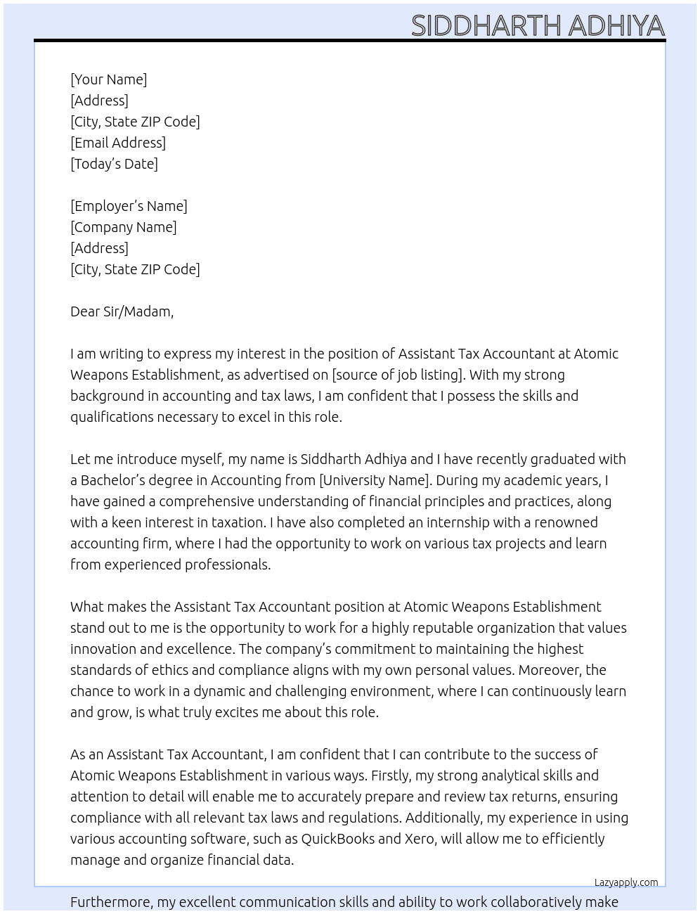 Assistant Tax Accountant At Atomic Weapons Establishment Cover Letter