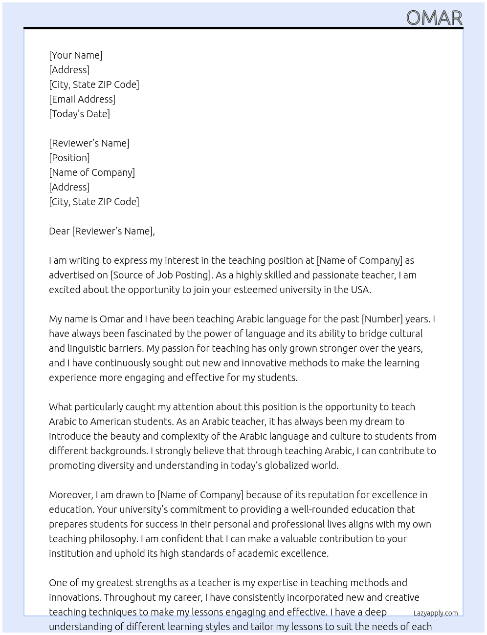 Teacher At Any university in the USA Cover Letter