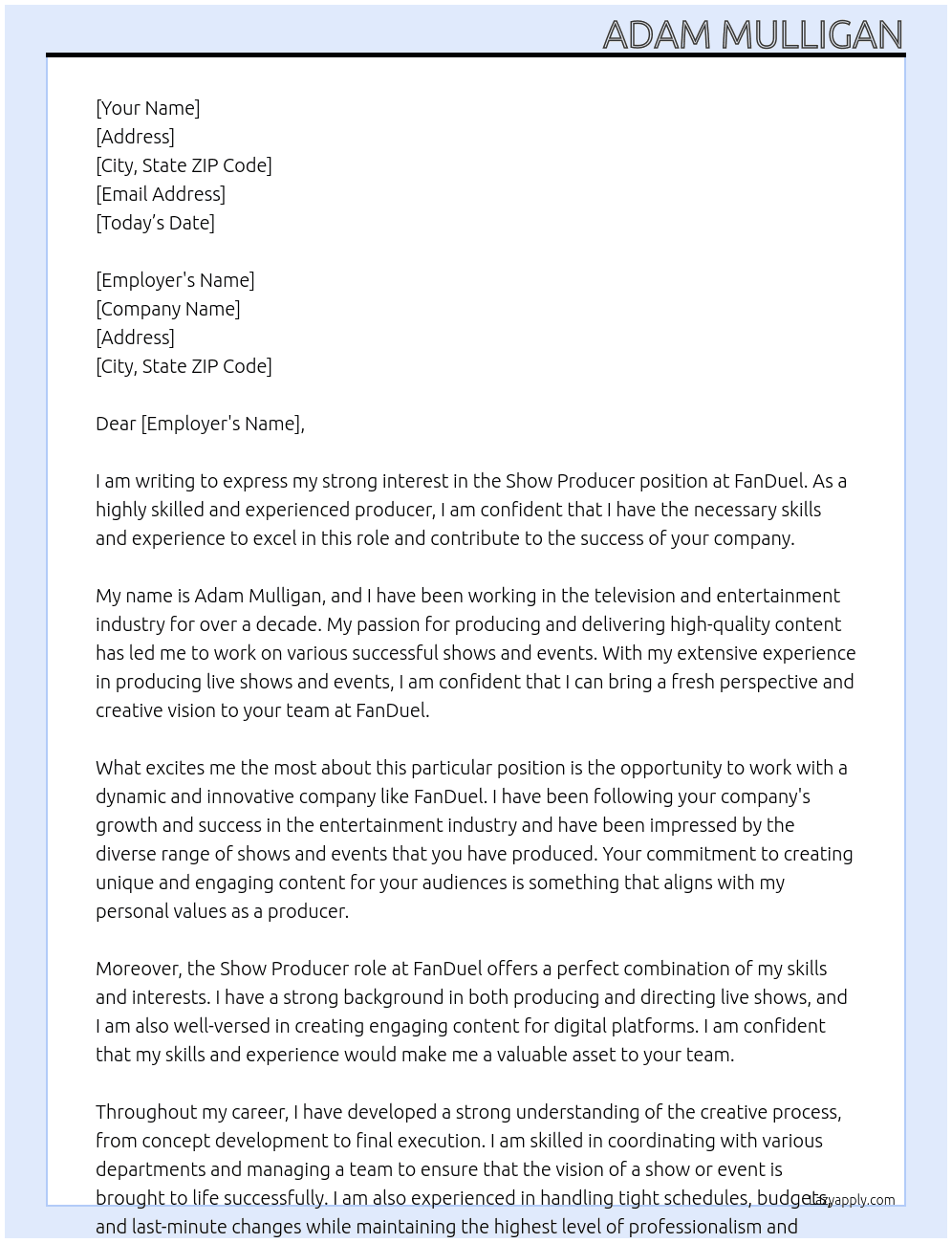 Show Producer At FanDuel Cover Letter