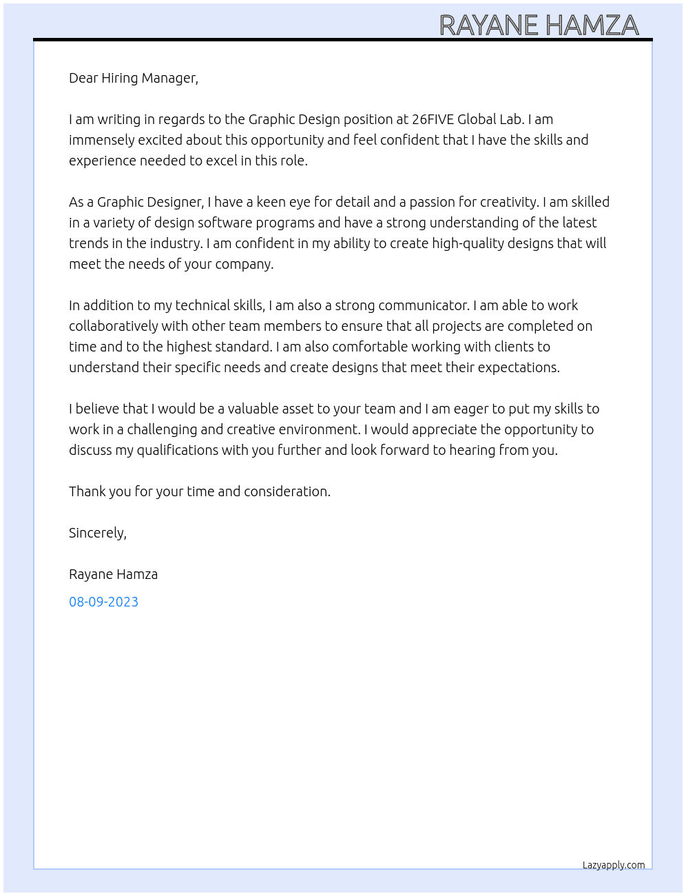 Graphic Design At 26FIVE Global Lab  Cover Letter