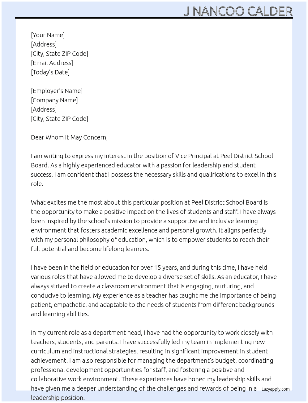 vice principal At Peel District School Board Cover Letter
