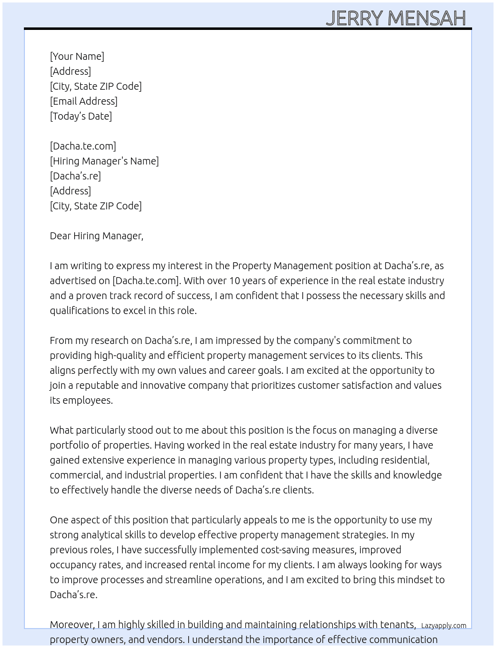 Property management  At Dacha’s.re Cover Letter